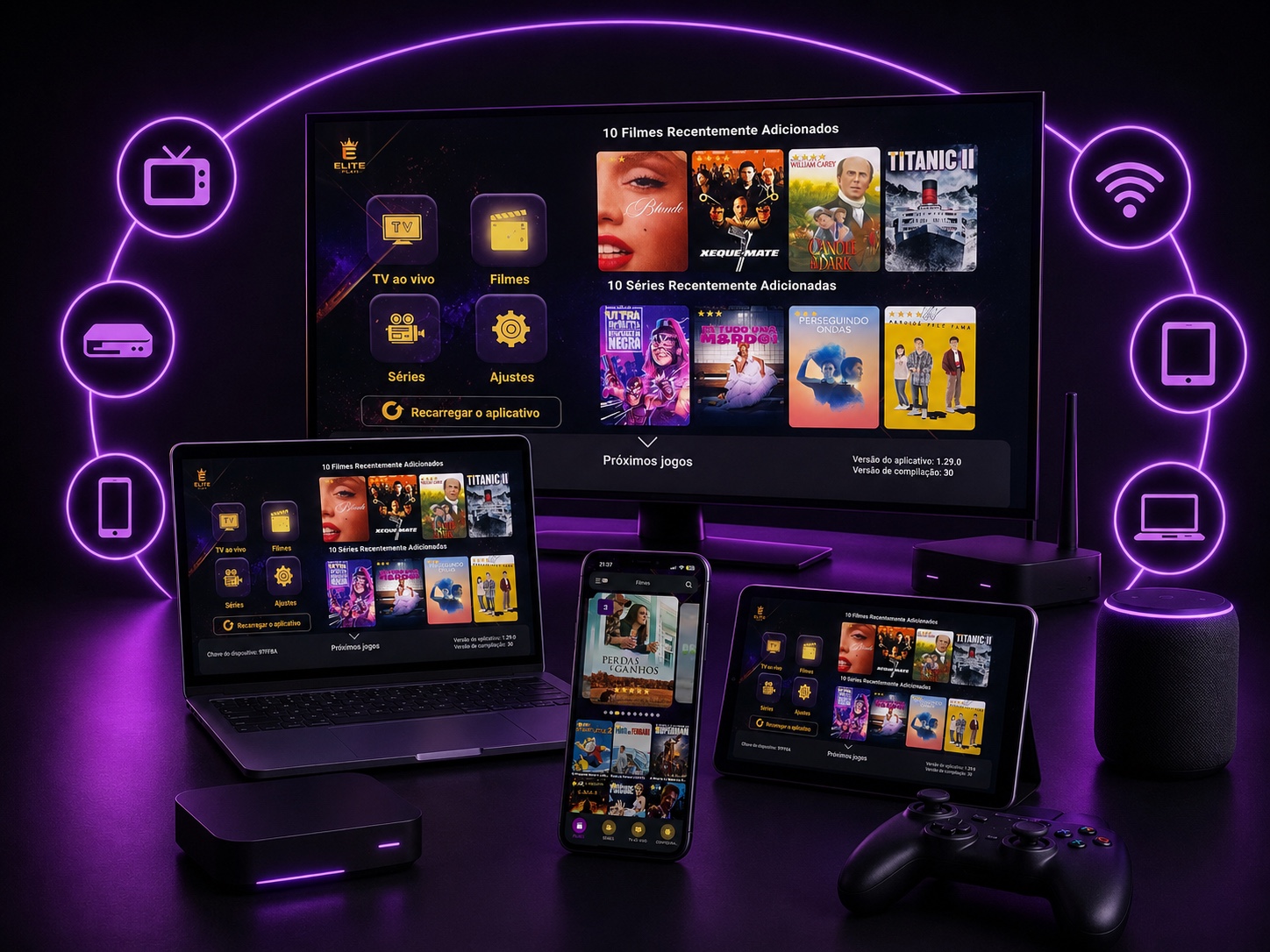 Elite Play funcionando em TV, notebook, tablet e celular